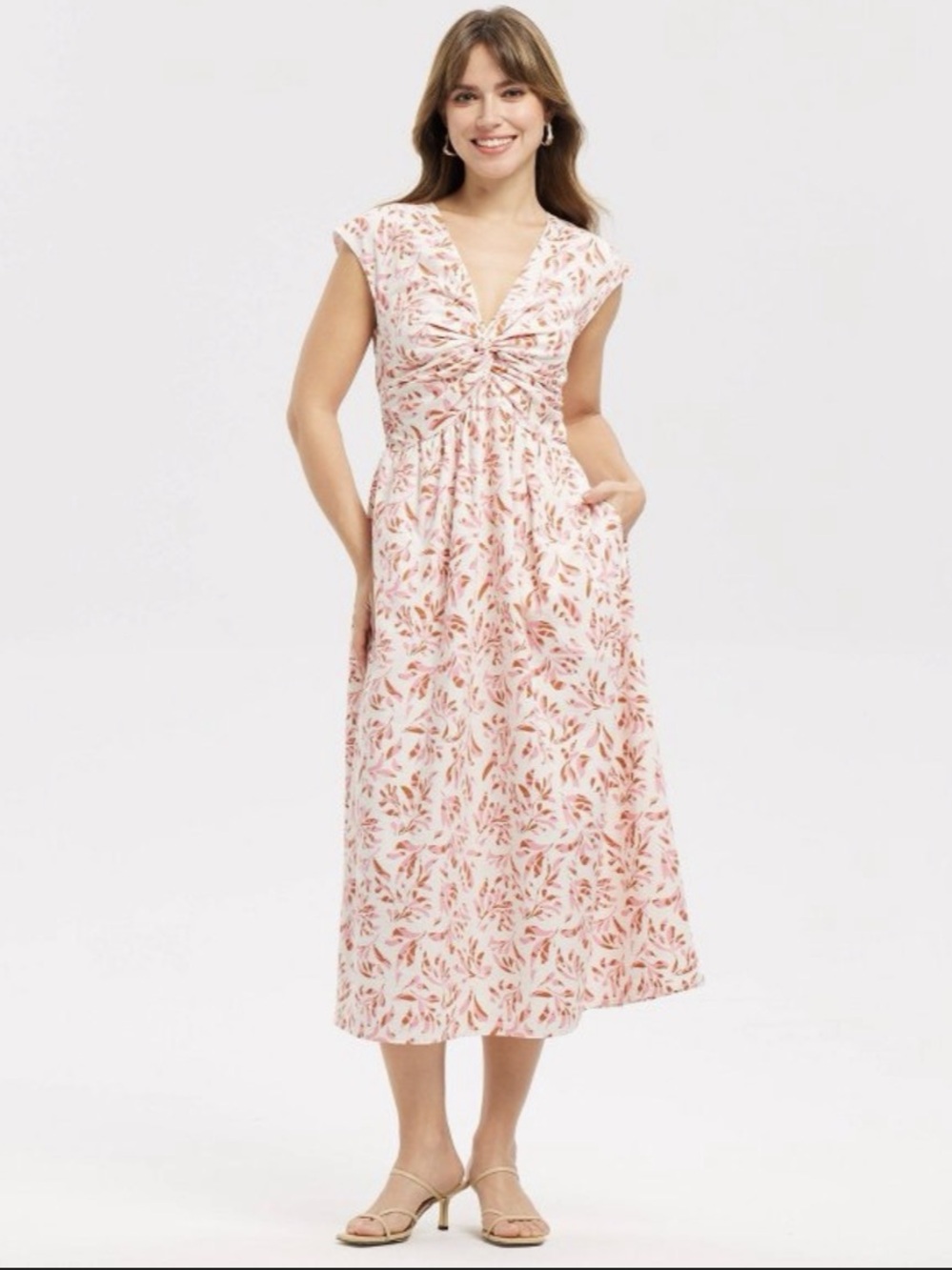A New Day Women's Twist-Front Midi Dress Pink Leaf M NWT